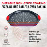 Pizza Tray – 2 Round with Silicone Handles – Carbon Steel Pizza Pan with Holes and Non-Stick Coating – PFOA PFOS and PTFE Free by Bakken BAKKENMASTER
