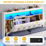 DWVO King Size Floating Bed Frame with RGB LED Lights, Bookcase Storage Headboard Beds with Charging Station, Upholstered Platform with Heavy Duty Wood Slat, No Box Spring Needed, Beige DWVO