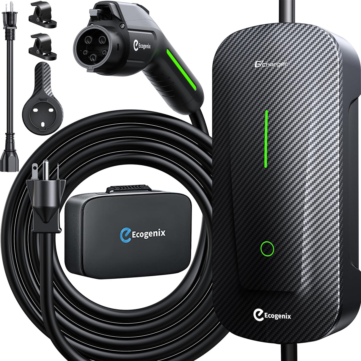 Carbon Fiber Level 1+2 EV Charger (16Amp, 110V-240V, 25ft Cable) Portable Fast Charger with Holder, NEMA 6-20P, Works with All J1772 EV and Hybrid Vehicles, for Home and Outdoor, Black, Ecogenix EC23 Ecogenix