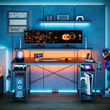 Bestier 55 inch Gaming Desk with Power Outlets & LED Lights, Computer Desk with Monitor Stand & Adjustable Shelves, Home Office Desk with Cup Holder & Hook, Black 3D Carbon Fiber Bestier