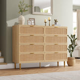 GarveeHome Rattan 8 Drawer Dressers for Bedroom, Tall Dresser with Deep Drawers, Large Chest of Drawers for Closet with Wide Top, Long Wooden Dresser for Living Room, Hallway, Kids Room, Natural GarveeHome