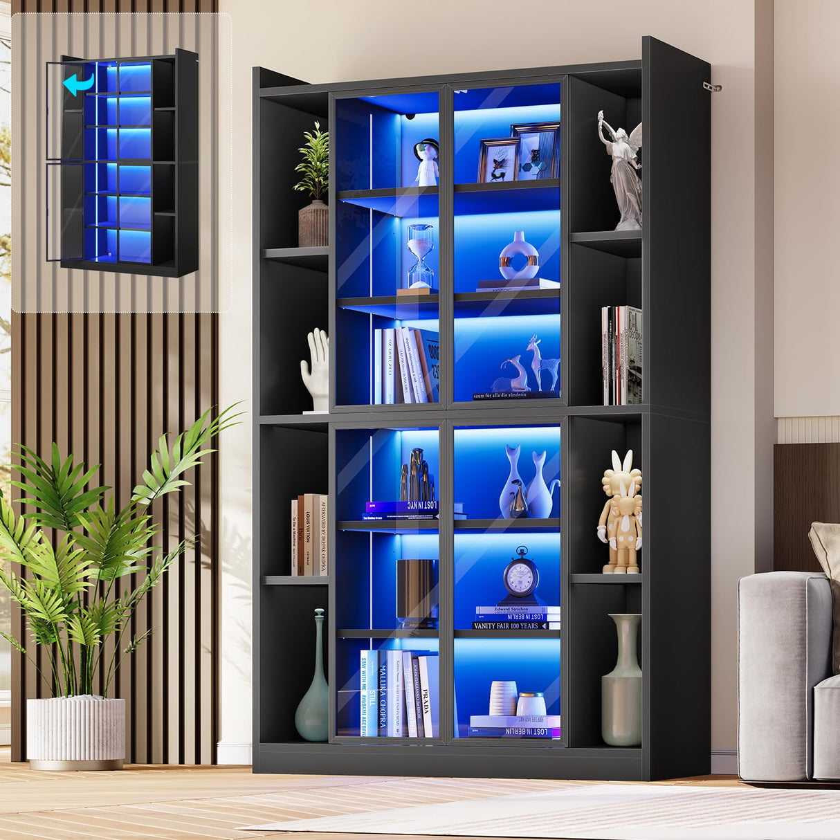 SEDETA 71" Display Cabinet with Acrylic Glass Doors, 6 Tier Display Cases for Collectibles, Curio Cabinet with LED Lights, Tall Bookcase with Adjustable Shelves, Black SEDETA