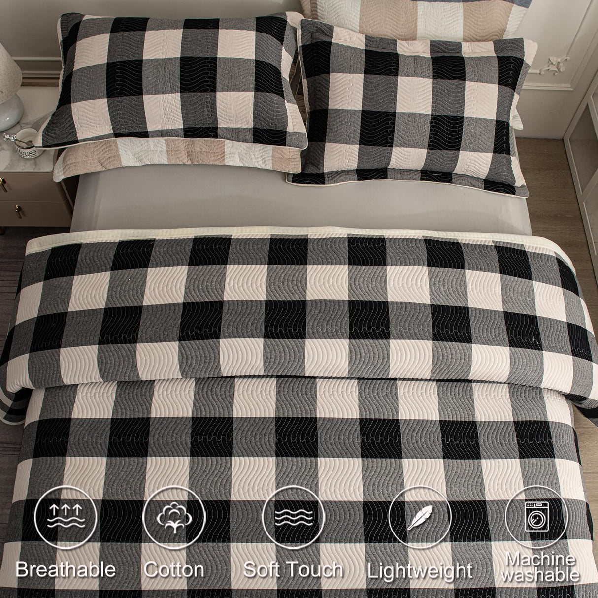 tohrisa Cotton Plaid Quilt Set, Ultra Soft 3 Pieces King Size Bedding with 2 Pillow Shams, Lightweight Reversible Coverlet Bedspread with Wave Quilting for Summer, 108"x96", Grid-Black White tohrisa