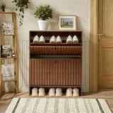 BVXBVX 31.5''W Walnut Shoe Storage Cabinet for Entryway with 2 Flip Drawers, Fluted Slim Shoe Cabinet, Free Standing Wooden Shoes Organizer for Foyer, Hallway BVXBVX