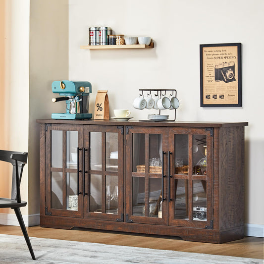 AMERLIFE 63" Buffet Sideboard Cabinet with Storage, Modern Farmhouse Cabinet with 4 Glass Doors & Adjustable Shelf, Wood Buffet Table Cabinet for Kitchen Dining Room Living Room, Brown - WoodArtSupply