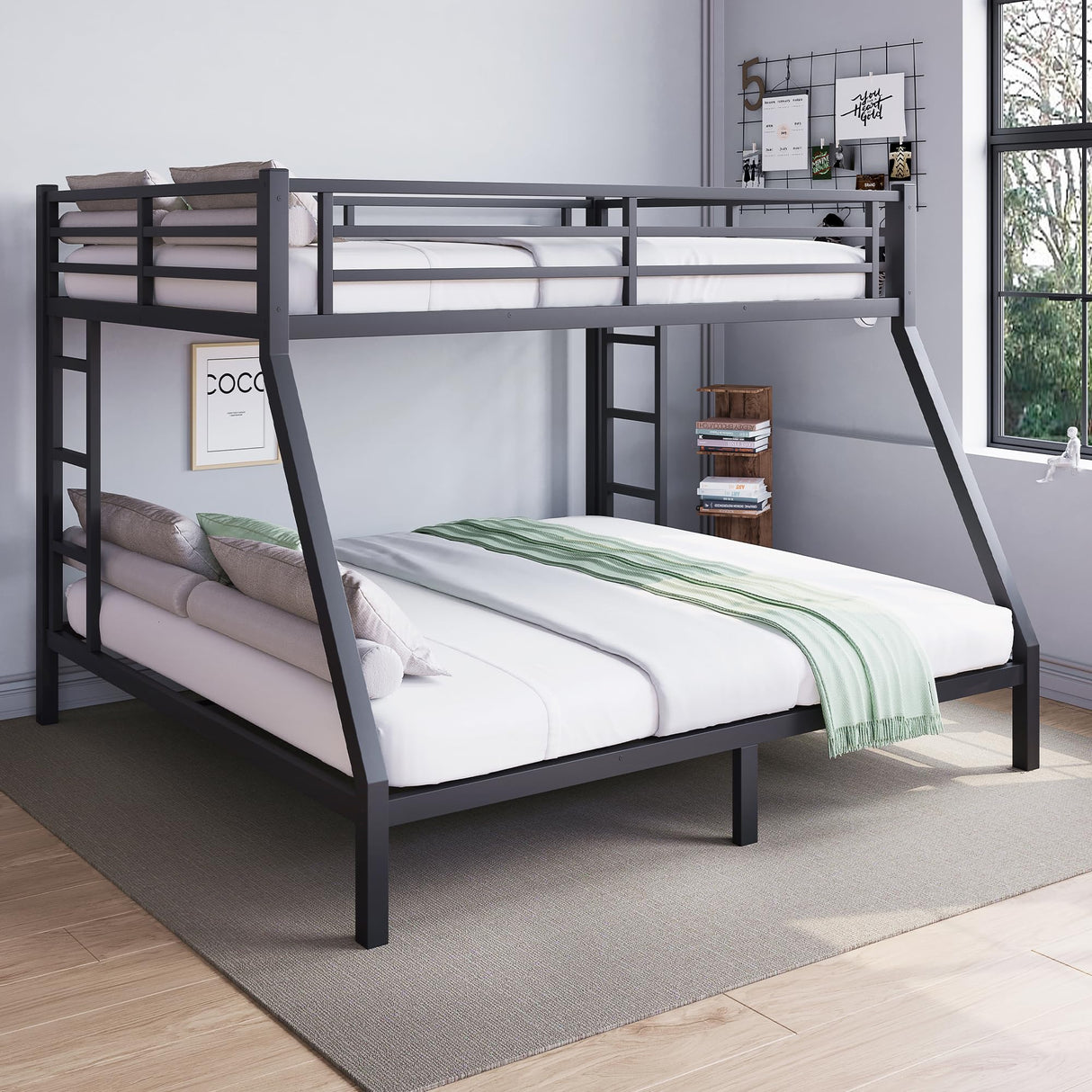 Olodumare Metal Full XL Over Queen Bunk Bed for Kids & Adults with Extra Thick Support Columns & Higher Guardrail, 2 Ladders, Squeak-Free, Heavy Duty, No Box Spring Needed, Easy Assembly, Black Olodumare