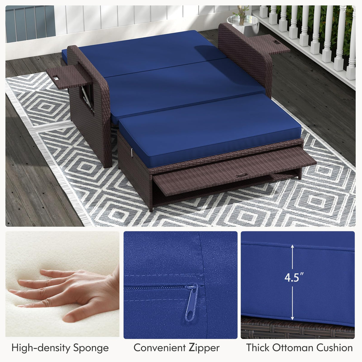 RELAX4LIFE Wicker Patio Outdoor Daybed - Rattan Day Bed Lounger with Loveseat & Storage Ottoman, Sunbed Sofa Set w/Cushions, 4-Level Adjustable Backrest & 2 Retractable Trays, Patio Daybed (Navy) RELAX4LIFE