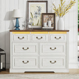Farmhouse 7 Drawers Dresser for Bedroom, Large Chest of Drawers with Hidden Storage, Tall Dresser with LED Lights, Wood Dressers Organizer for Living Room, Closet, Hallway, Antique White TAGELIER