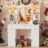 PAKASEPT Vanity Desk with Mirror and Lights, Fluted Makeup Vanity Desk with Lights 3 Colors, Glass Top Vanity with 16 RGB Colors Cabinet, 2 Shelves & 5 Drawers & Power Outlet for Bedroom PAKASEPT