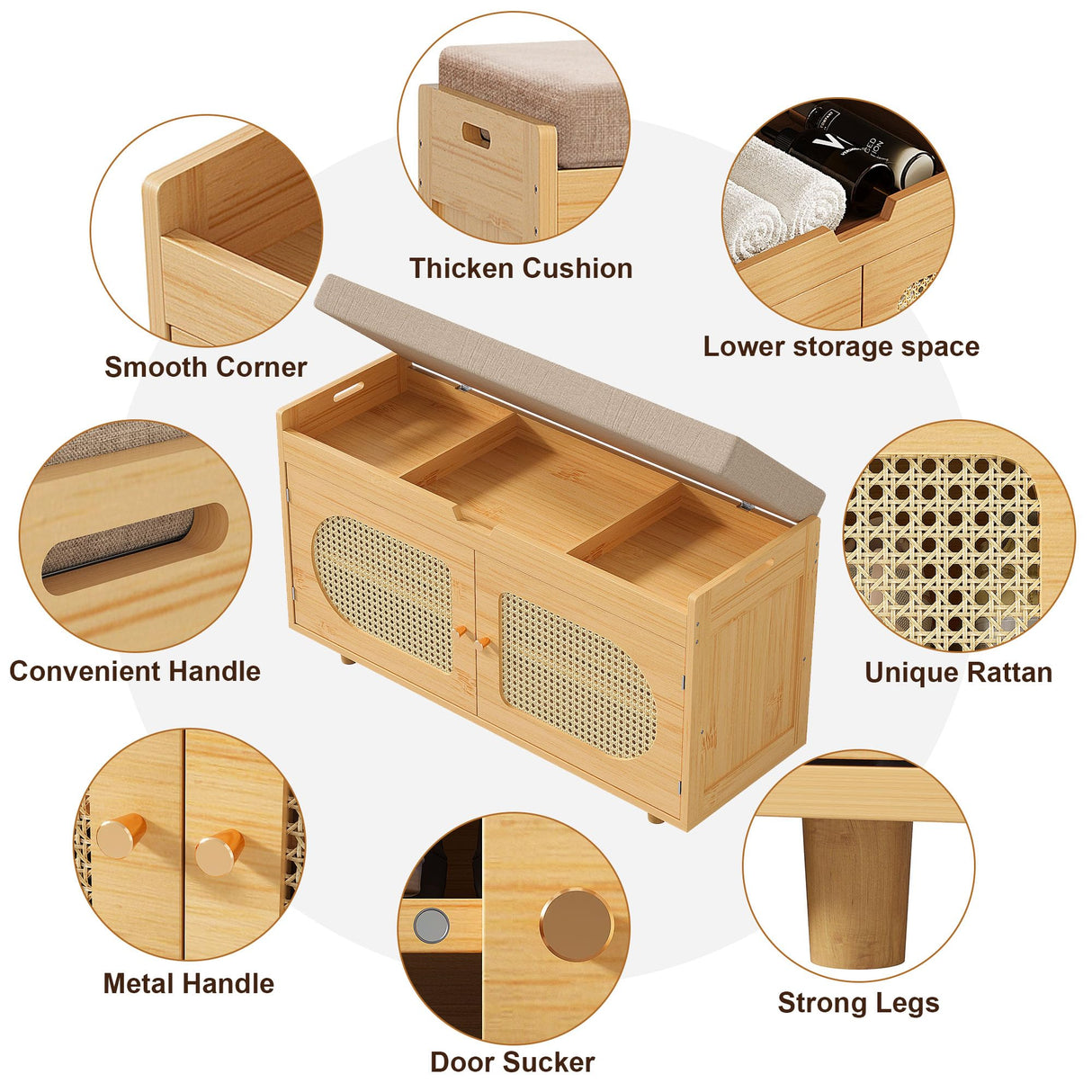 PETKABOO Rattan Shoe Storage Bench,Bamboo Entryway Bench, 2-Tier Shoe Rack,35.4" W x 12.6" D x 19.7" H with 2 Doors & Padded Seat Cushion for Entryway, Living Room, Bedroom, Natural PETKABOO