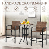 Villeston 3 Piece Outdoor Wicker Bar Stools Set, 2 Height Chairs and 1 Pub Table for Patio Bistro Poolside Dining, Woven Rattan High Top Furniture, Brown Villeston