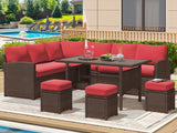 U-MAX Outdoor Patio Furniture Set,7 Piece Patio Sectional Sofa Set with Dining Table All-Weather Wicker Patio Conversation Sets(Brown Rattan & Red Cushion) U-MAX