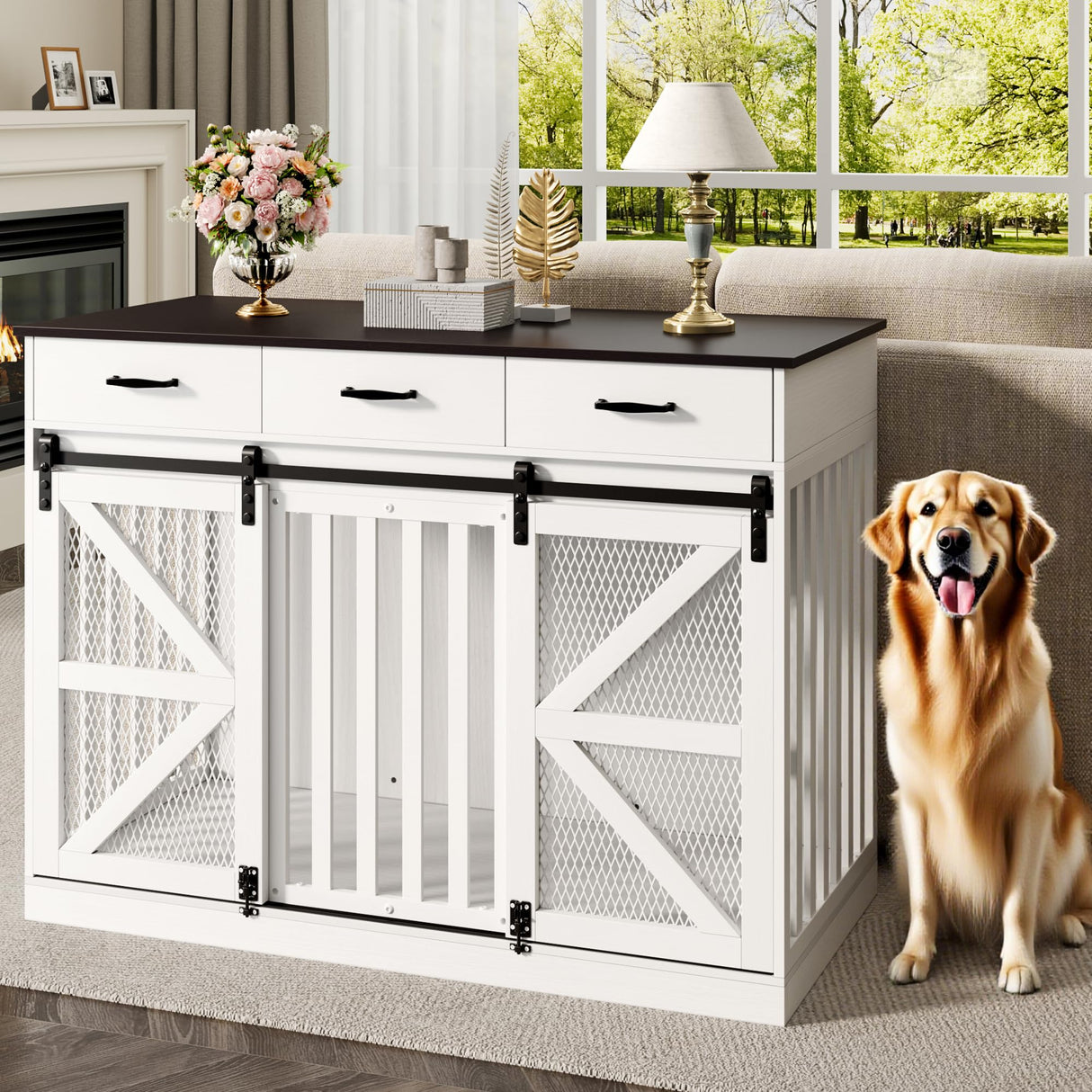 kepptory 48'' Dog Crate Furniture with Divider&Storage Drawers, Wooden Double Dog Kennel Furniture End Table with Sliding Barn Doors, White Double Dog Crate TV Stand kepptory