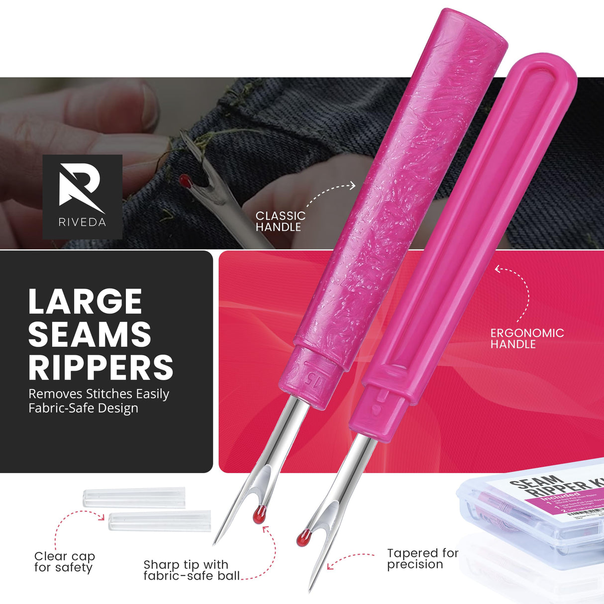 Seam Ripper Kit 7 Pcs - 1 Large, 1 Ergonomic, 2 Small Seam Rippers, Thread Cutter, Scissor, Measuring Tape - Sewing Accessories for Notions Quilting Crafts Riveda