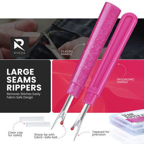 Seam Ripper Kit 7 Pcs - 1 Large, 1 Ergonomic, 2 Small Seam Rippers, Thread Cutter, Scissor, Measuring Tape - Sewing Accessories for Notions Quilting Crafts Riveda