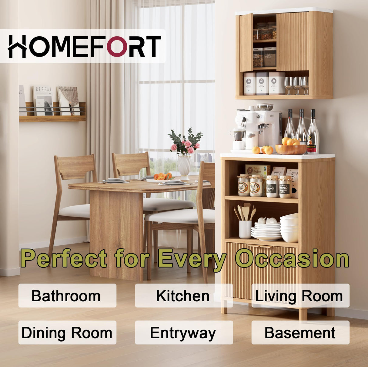HOMEFORT Bathroom Wall Cabinet, Medicine Cabinets, Over The Toilet Storage Cabinet with 2 Doors, Adjustable Shelf and Faux Marble Top, Natural Oak HOMEFORT