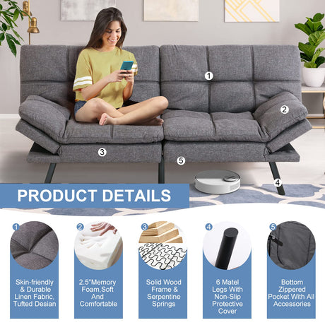 MUUEGM Futon Sofa Bed Memory Foam Futon Sofa Bed Convertible Sleeper Couch Bed,Modern Futon Couch Love Seat w/Adjustable Armrests,for Living Room Compact Spaces Offices Apartment,Studio,Grey MUUEGM