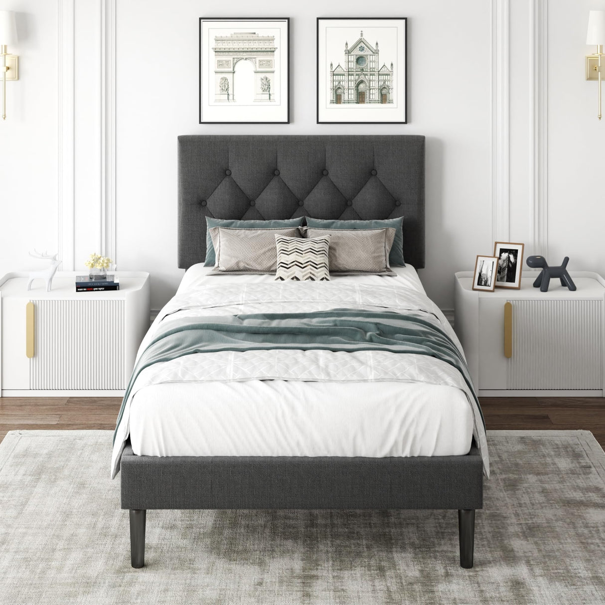 CXVX Twin Size Platform Bed Frame with Upholstered Headboard, Button Tufted Design, Strong Wooden Slats, No Box Spring Needed, Easy Assembly, Noise Free CXVX