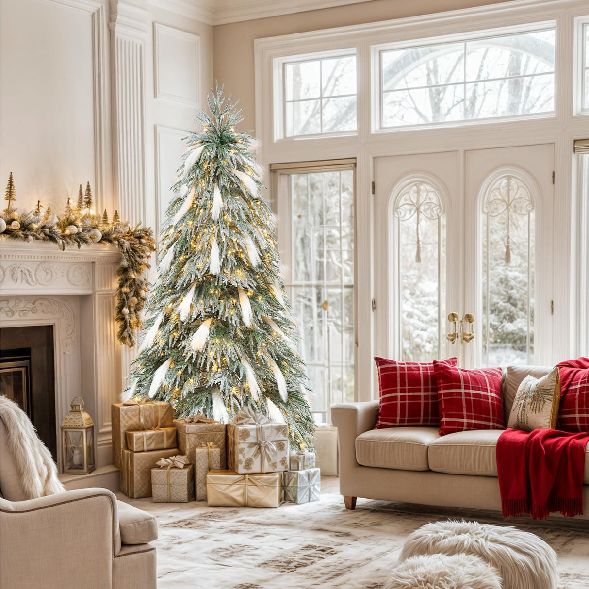 YITAHOME Pre-Lit Flocked Natural Drooping Pampas Christmas Tree, 6ft Snow Flocked Artificial Christmas Tree with 355 PE Branch Tips, 30 Feathers and 400 Lights for Home, Office, Party Decoration YITAHOME