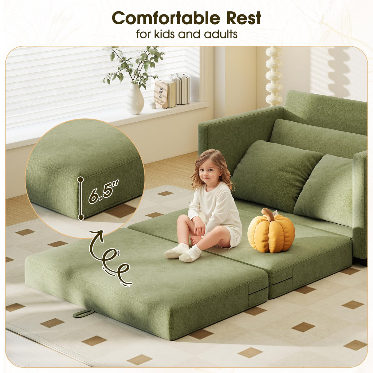 51" Convertible Loveseat Sofa Bed, 2 in1 Folding Sofa Bed, Loveseat Sleeper Sofa for Small Spaces, Fold Out Floor Couch with 2 Pillows for Apartment, Living Room & Guest Room, Green Chenille Fabric Myroyalsit