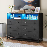 Black Dresser for Bedroom, Wooden Modern 6 Drawers Wide Dresser with Charging Station and Led Lights Design, Large Capacity Storage Chest of Drawers Garveehome