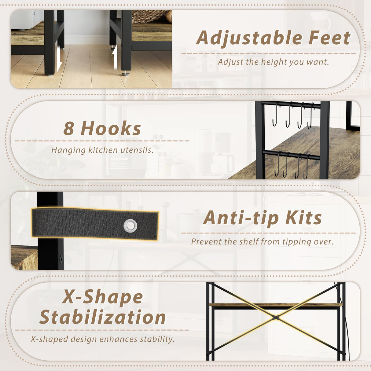 YESHOMY Kitchen Baker’s Rack with Power Outlet, 5-Tier Microwave Stand, Coffee Bar with 8 S-Shaped Hooks, Heavy Duty Storage Shelf Unit for Spices, Pots, Brown YESHOMY