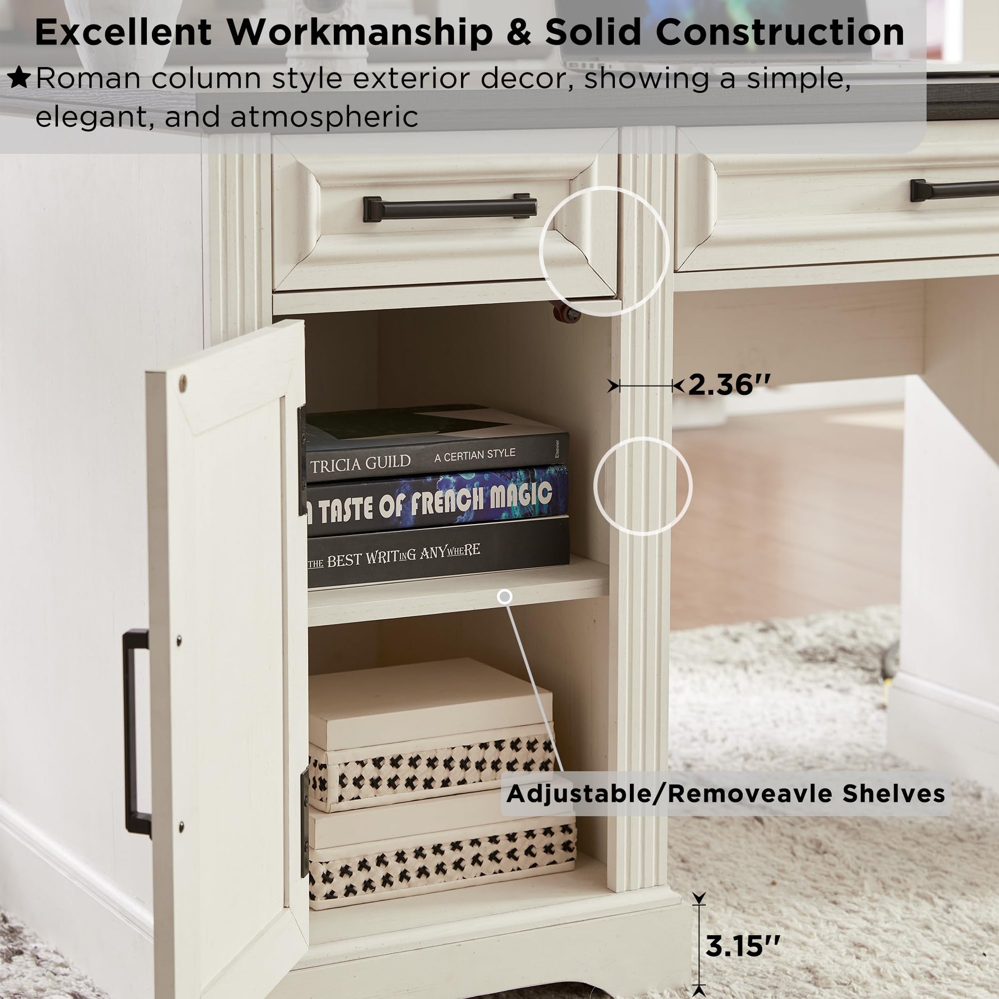 JXQTLINGMU Farmhouse 76" Height Computer Desk with Hutch, Office Desk with Charging Station, Drawers and Storage Cabinet, Workstation for Office Home, Off White - WoodArtSupply