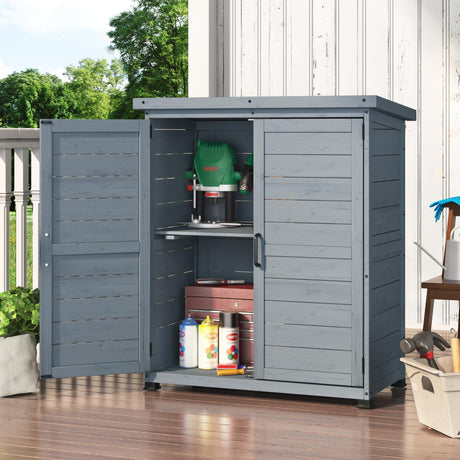 AECOJOY Outdoor Storage Cabinet, Solid Wood Planting Work Bench, Garden Potting Bench Table with Metal Tabletop and Adjustable Shelves, Grey AECOJOY