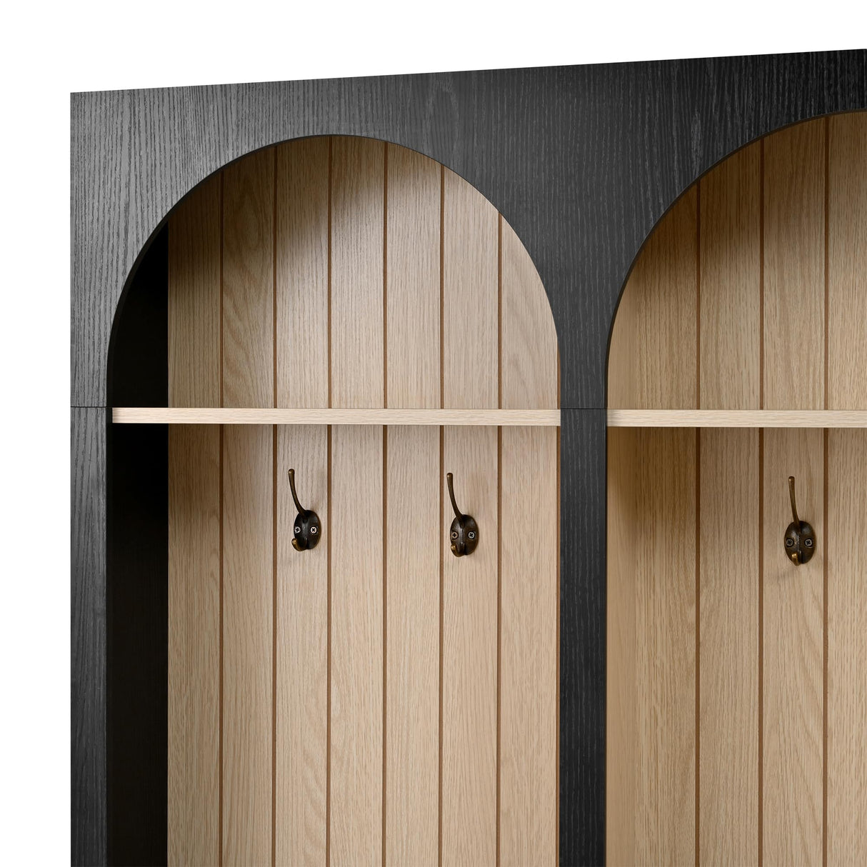 LUMISOL Farmhouse Entryway Hall Tree with Arched Design, 59" Entryway Bench with 3 Drawers, Entryway Coat Rack with 8 Retro Hooks, Rustic Hall Cabinet for Living Room Mudroom, Black LUMISOL