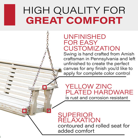Amish Casual Heavy Duty 800 Lb Roll Back Treated Porch Swing with Hanging Chains (5 Foot, Unfinished) Amish Casual