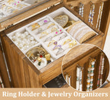 Jewelry Organizer, Rattan Jewelry Box, 5 Layer Wooden Jewelry Organizer Box with Mirror, Jewelry Boxes with 4 Drawers for Women Men, Jewelry Storage for Rings Earrings Necklaces Bracelets Watch Miss Rabbit