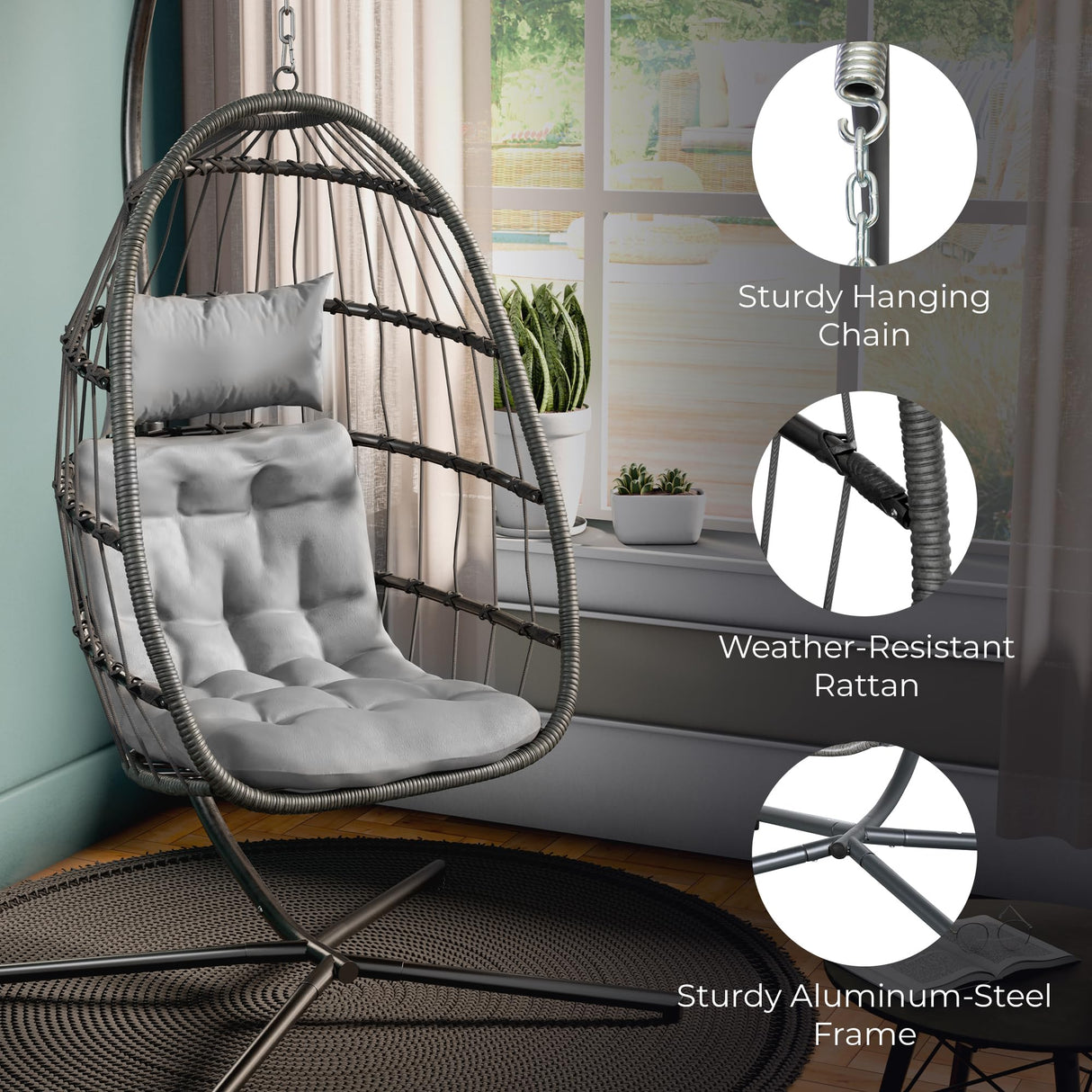 Econohome Hanging Egg Chair with Stand - Indoor/Outdoor Swing Hammock Chair with Plush, Washable Cushions, 350LBS Capacity, Ideal for Relaxation in Bedrooms, Balconies, Gardens, and Patios EconoHome
