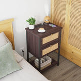 End Table with Charging Station, 2 Tier Rattan Decorated Nightstand with USB Ports and Outlets, Bedside Table with Drawer, Modern Sofa Side Table for Bedroom, Living Room, Office, Cherry Red NONGSHIM