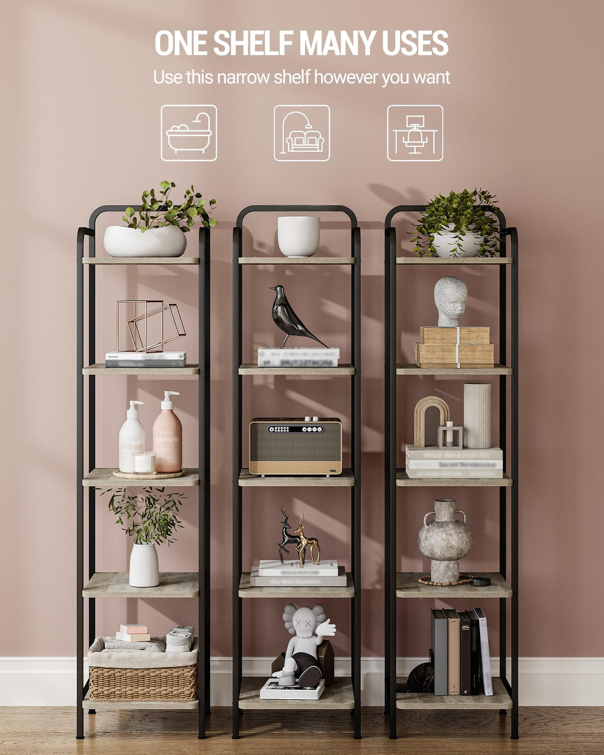 Hzuaneri Bookcase Bookshelf, Narrow Book Shelf, Industrial Corner Shelf Storage Organizer, Slim Shelving Unit for Home Office, Living Room, Bedroom, Kitchen, 5-Tier Greige and Black BC24505B Hzuaneri