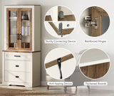 WAMPAT 3 Column 73.3" Tall Bookcase with Glass Door, 94.5" Wide Rustic Wood Bookshelves with Chest of Drawers, Modern Farmhouse Display Cabinet with Adjustable Shelves for Home,Office,White&Oak WAMPAT