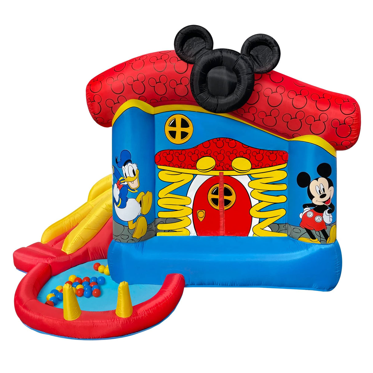 Funormous Disney Mickey Mouse Bounce House with Slide, Indoor Outdoor Inflatable Bouncy Castle Funhouse Ball Pit Plus Heavy Duty Air Blower Funormous