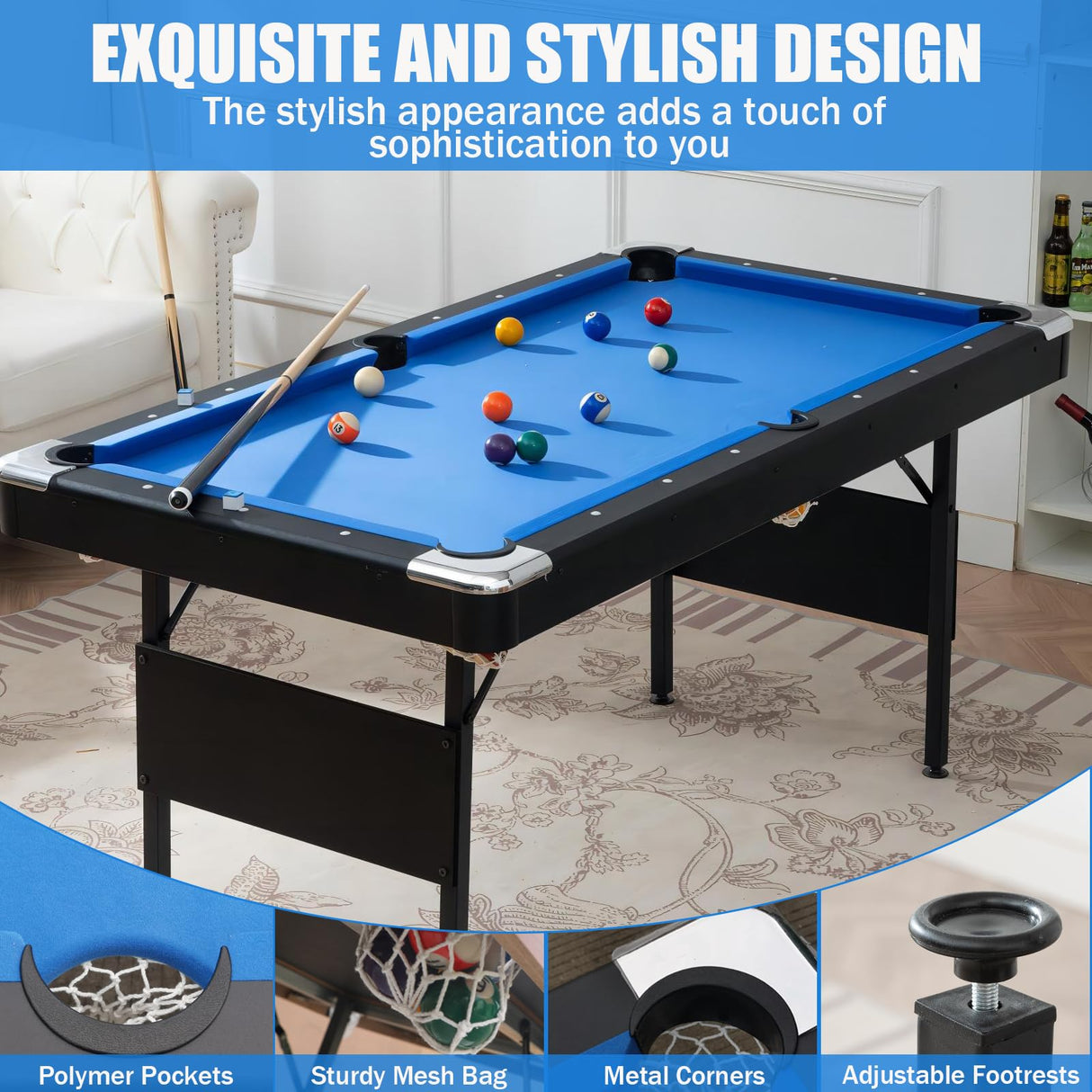 BOSTANA 5.5 ft Pool Table, Billiards Table with Balls, Cues, Chalks and Brush, Portable Foldable Pool Table Perfect for Family Game Room, Blue Black BOSTANA