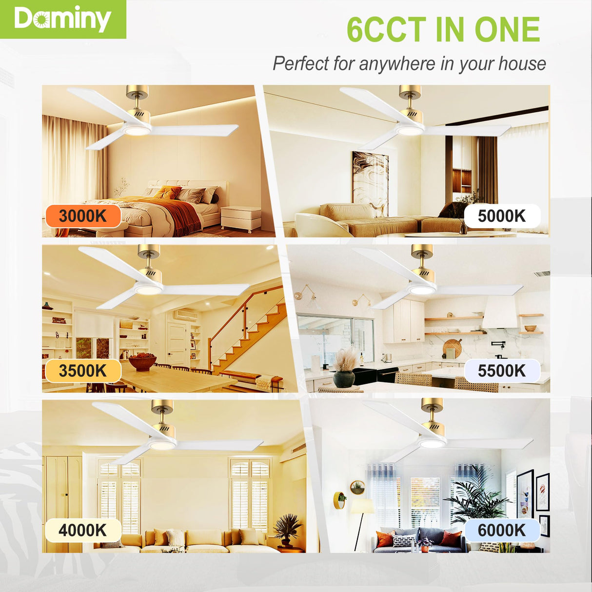 DAMINY Natural Solid Wood White and Gold 52 inch Ceiling Fan with Light,3 Blade Ceiling Fan with Light,6CCT,Low Profile Ceiling Fan with Light and Remote Control DAMINY