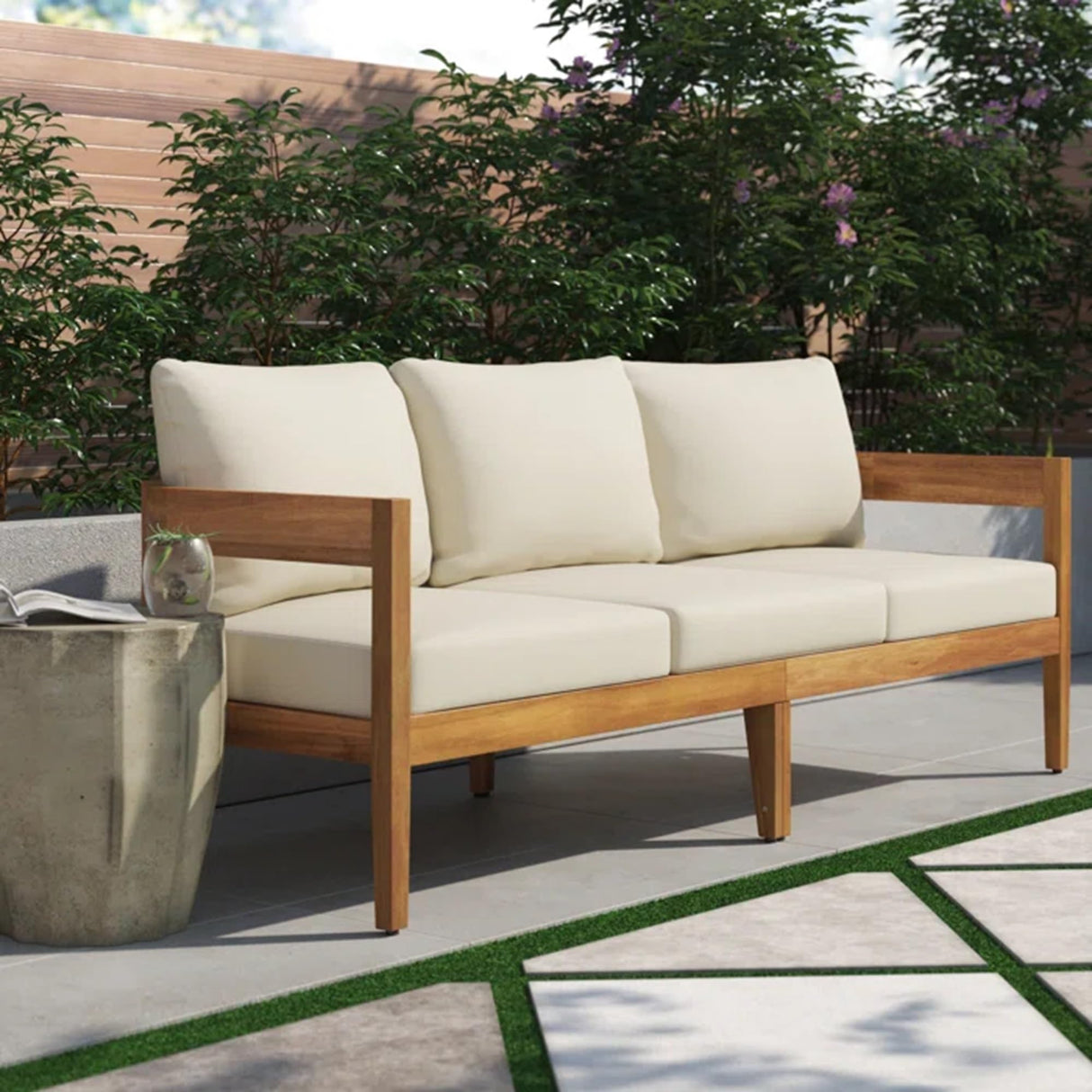 Merax 76.5" Outdoor 3 Seater Patio Sofa Acacia Wood Frame Conversation Set with Cushions Merax