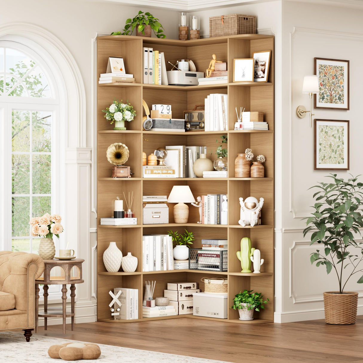 FOTOSOK 74” Tall Corner Bookshelf, 6-Tier Bookshelf and Bookcase with Open Storage, Tall Bookcases Wooden Storage Shelves for Home Office, Thickened Boards for Better Load Bearing, Natural FOTOSOK