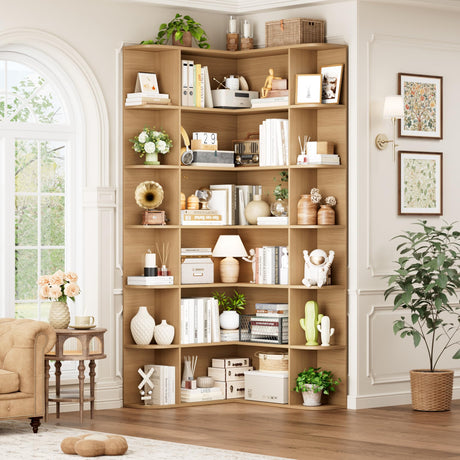 FOTOSOK 74” Tall Corner Bookshelf, 6-Tier Bookshelf and Bookcase with Open Storage, Tall Bookcases Wooden Storage Shelves for Home Office, Thickened Boards for Better Load Bearing, Natural FOTOSOK