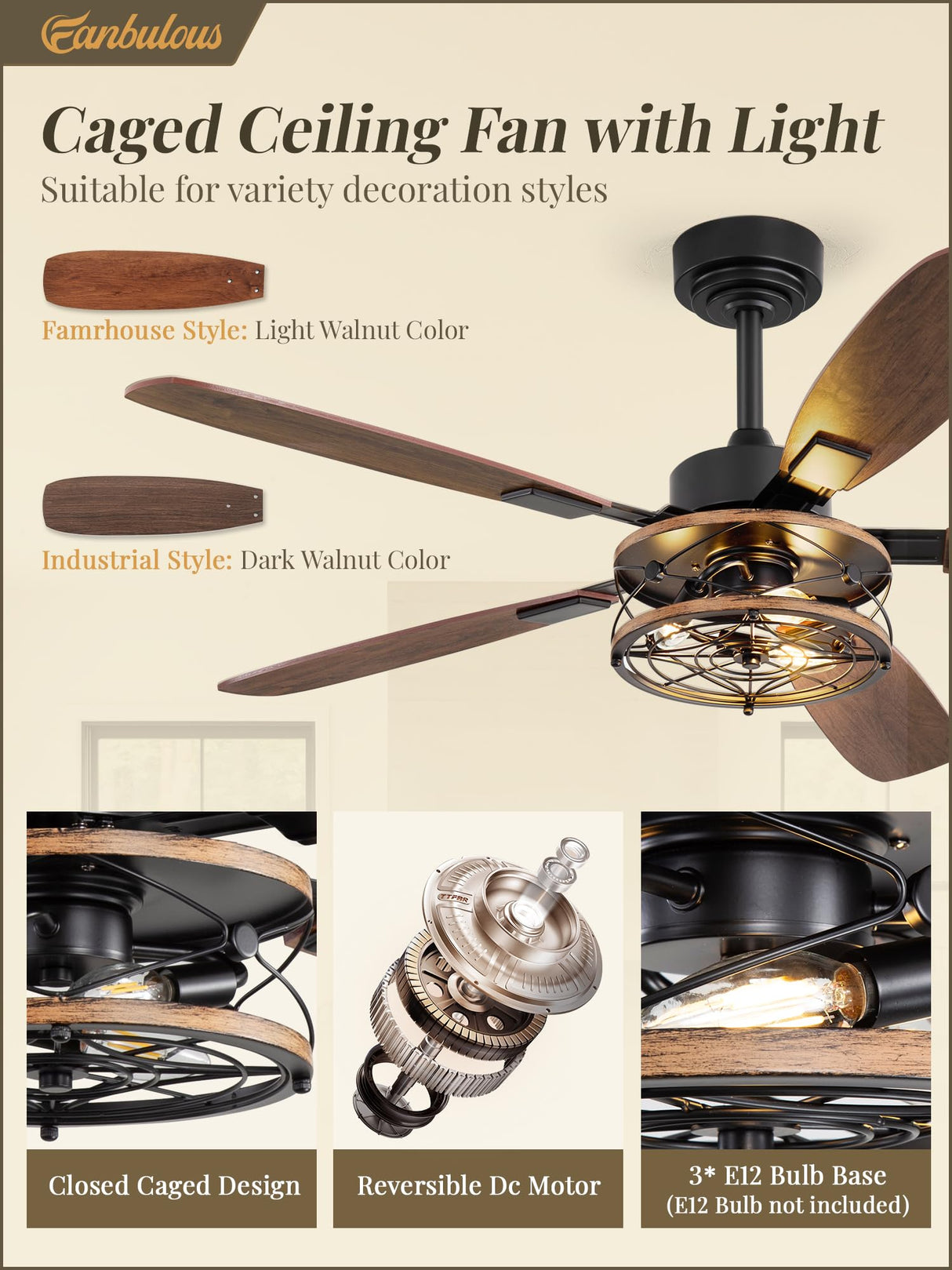 52 Inch Farmhouse Ceiling Fan with Light and Remote, Black Industrial Caged Flush Mount Ceiling Fans with 6 Speed Reversible Motor and Dual Finish 5 Blades, Rustic Ceiling Fan for Living room, Bedroom Fanbulous