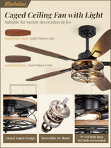 52 Inch Farmhouse Ceiling Fan with Light and Remote, Black Industrial Caged Flush Mount Ceiling Fans with 6 Speed Reversible Motor and Dual Finish 5 Blades, Rustic Ceiling Fan for Living room, Bedroom Fanbulous