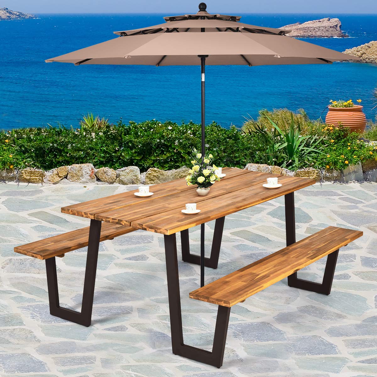 Giantex Picnic Table Bench Set with Umbrella Hole, Outdoor Dining Table Set, 70'' Acacia Wood Picnic Beer Table with Metal Frame Patented Giantex