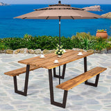 Giantex Picnic Table Bench Set with Umbrella Hole, Outdoor Dining Table Set, 70'' Acacia Wood Picnic Beer Table with Metal Frame Patented Giantex