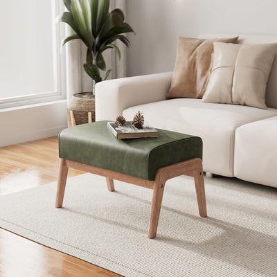 ACONUP Modern Ottoman Foot Stool, Faux Leather Accent Sofa Footrest with Walnut Rubber Wood Frame, Ottoman Bench for Living Room Entryway Bedroom Sofa Seat, Hunter Green
