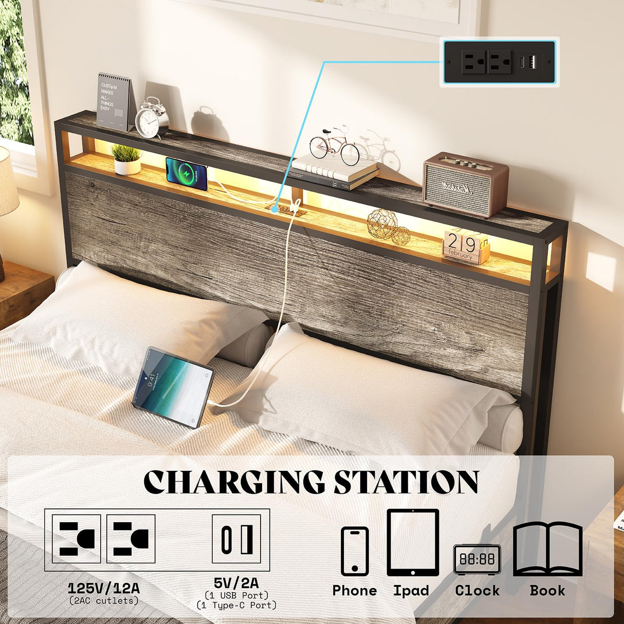 AMERLIFE Queen Size Floating Bed Frame with LED Lights and Storage Headboard in Rustic Grey AMERLIFE