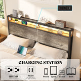 AMERLIFE Queen Size Floating Bed Frame with LED Lights and Storage Headboard in Rustic Grey AMERLIFE