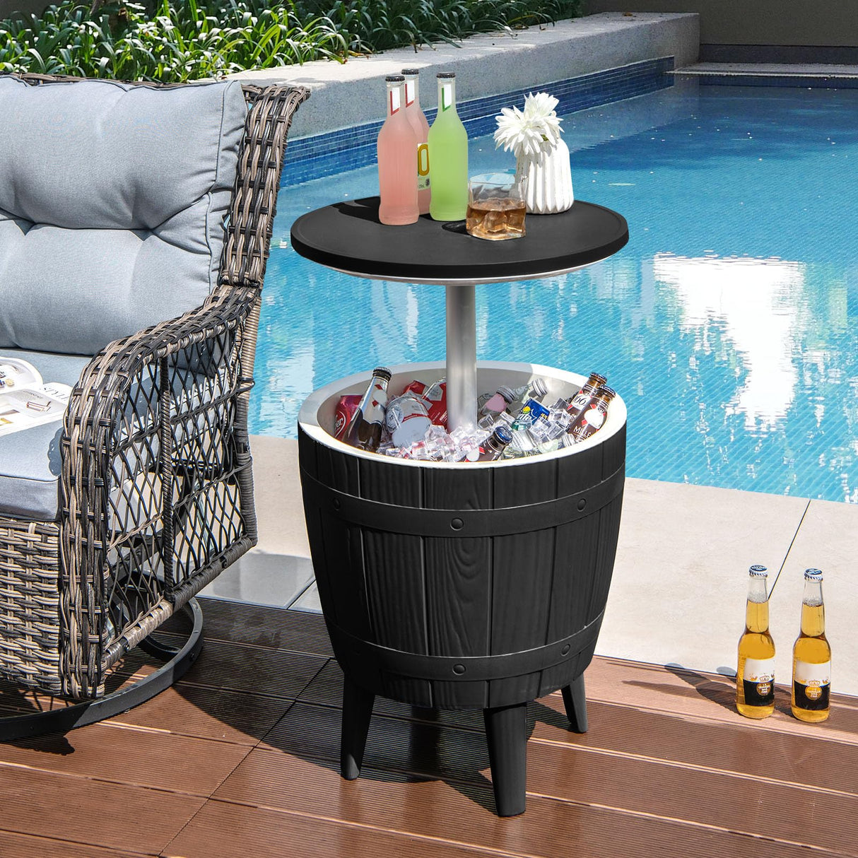 CHEFJOY 10 Gallon Cooler Table, Cool Bar Table with Height Adjustable Tabletop & Drainage Plug, 3-in-1 Cocktail Drinks & Wine, Outdoor Cooler Side Table for Backyard, Party, Poolside (Black) CHEFJOY