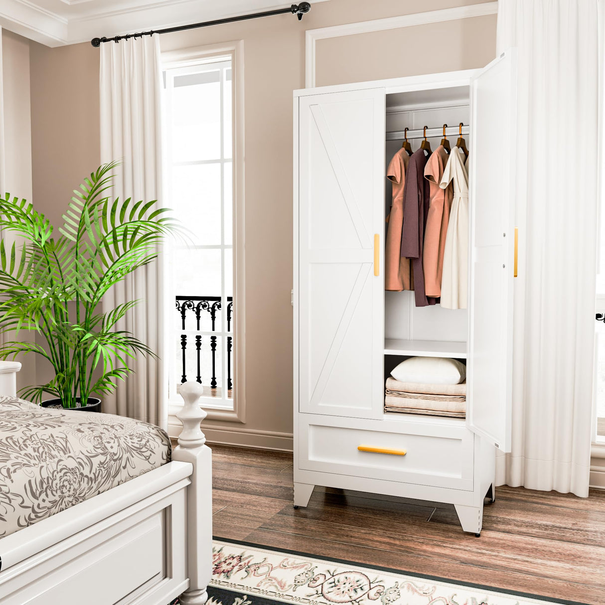 71 Farmhouse Metal Wardrobe Closet with Hanging Rod, 2 Barn Doors, Adjustable Shelves, Steel Armoire with Drawer for Home, Bedroom Black COFaR